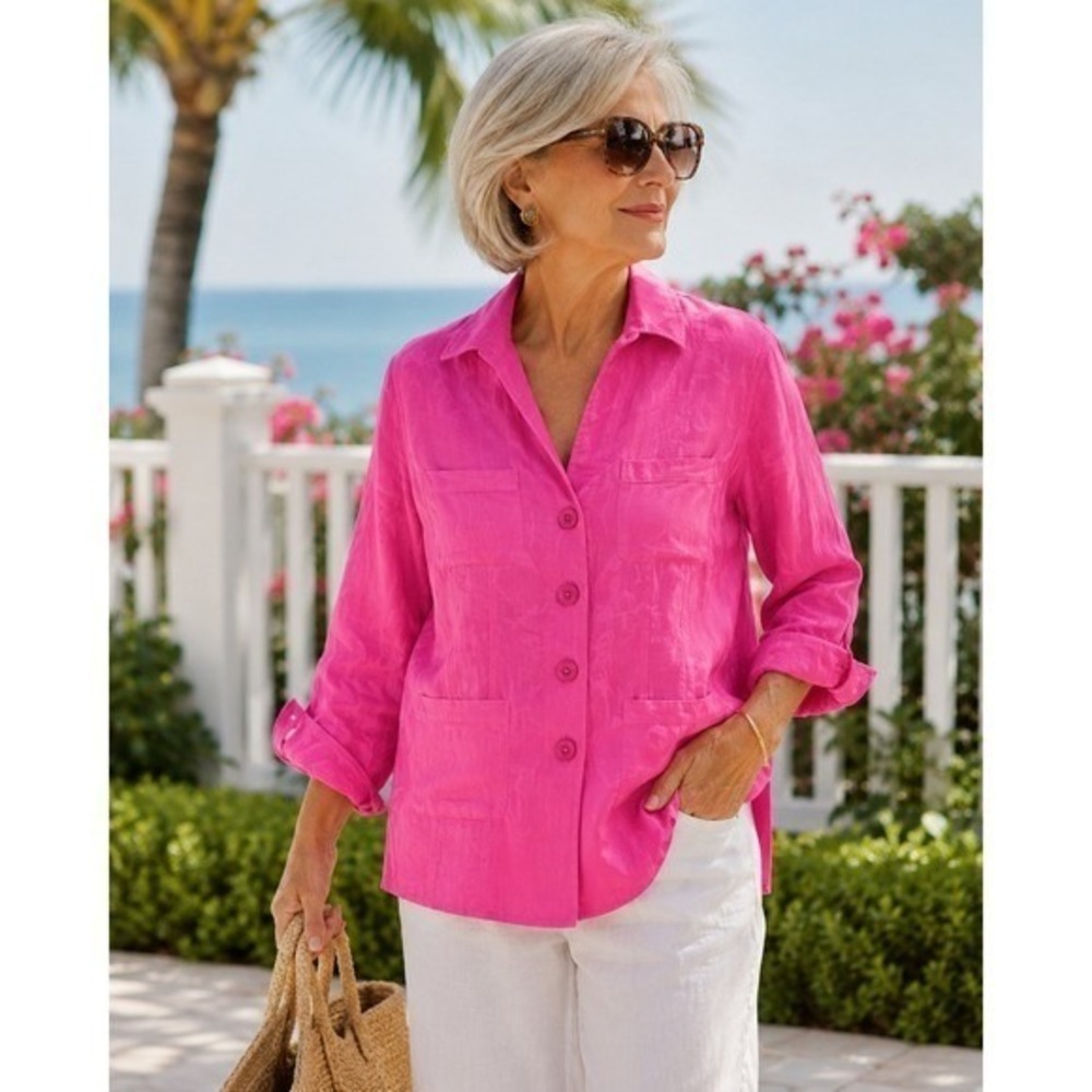 Peck & Peck Collection Pink Linen Floral Damask Jacket Womens 12 Coastal Grandma
